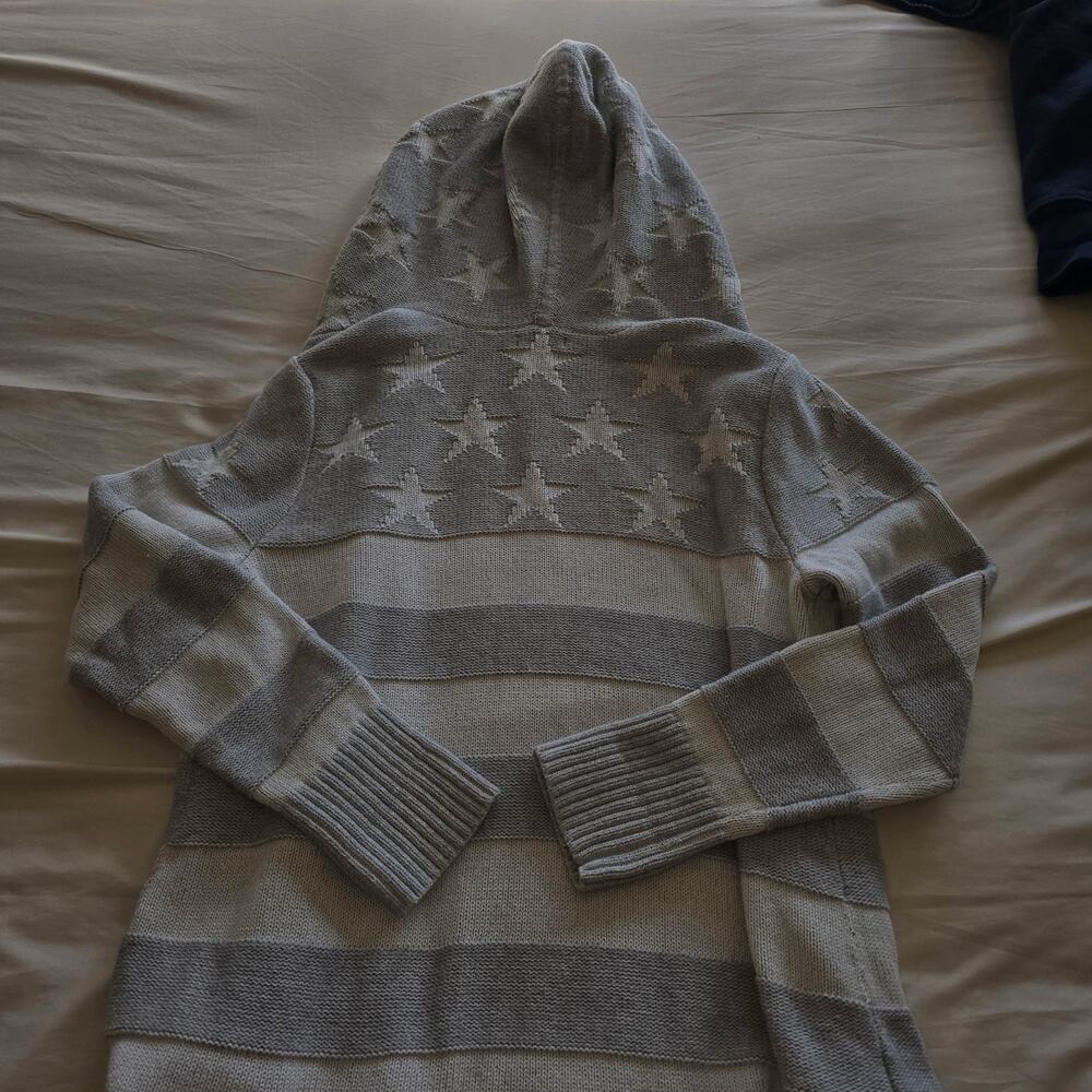 Eddie Bauer Sweater Womens Large 100% cotton grey stars Zip American Flag hoodie - Picture 3 of 8